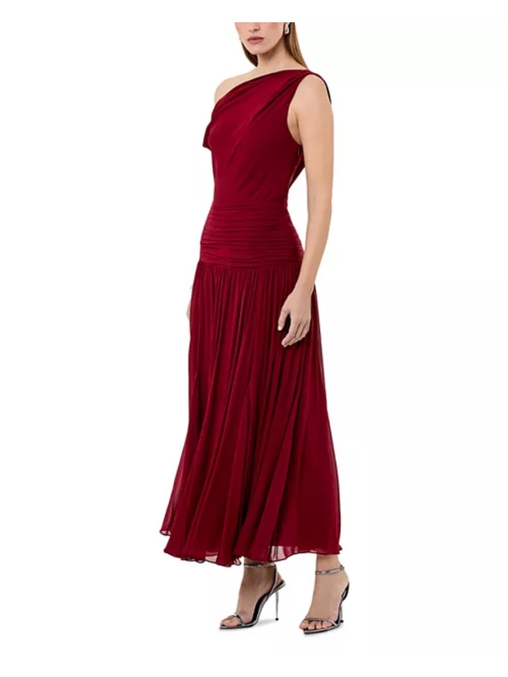 One-Shoulder Wine Red Evening Gown
